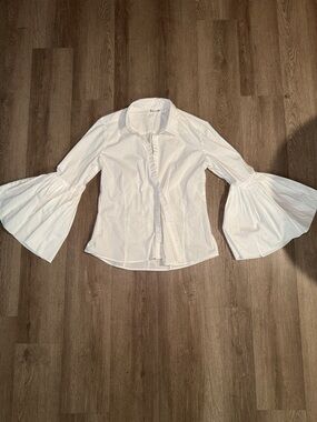 White Ruffle-Placket Button-Down Shirt with Statement Bell Sleeves